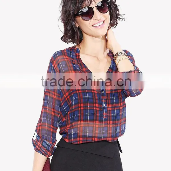 Women's Basic Classic Lightweight Collar Plaid Chiffon Shirt photo-6