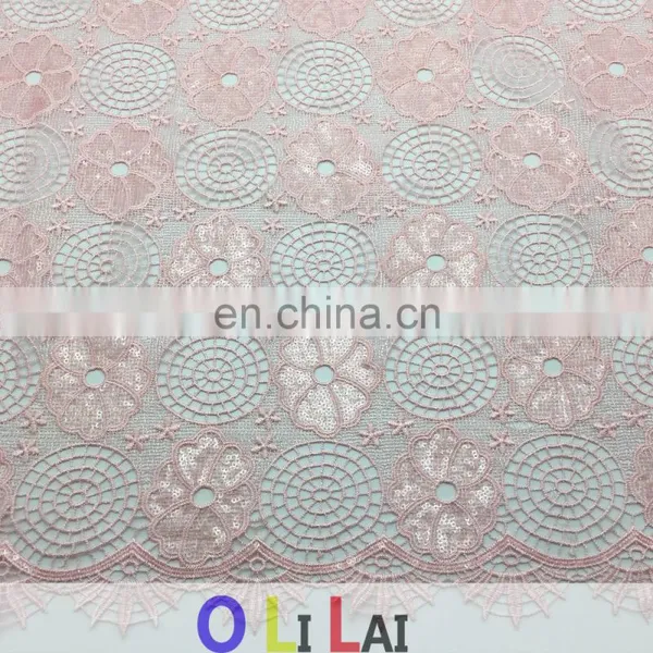 OLF0182 High Quality Pink Flower Design With 3d Sequins Lace Fabric photo-3