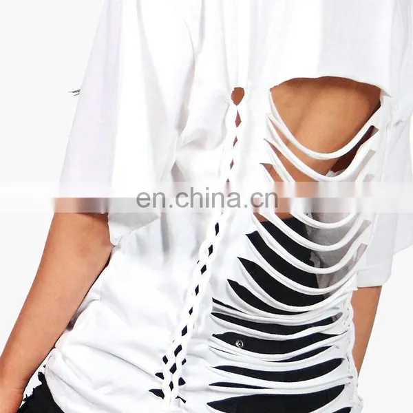 High Quality 100% Cotton Half Sleeve Women Distressed t Shirt photo-2