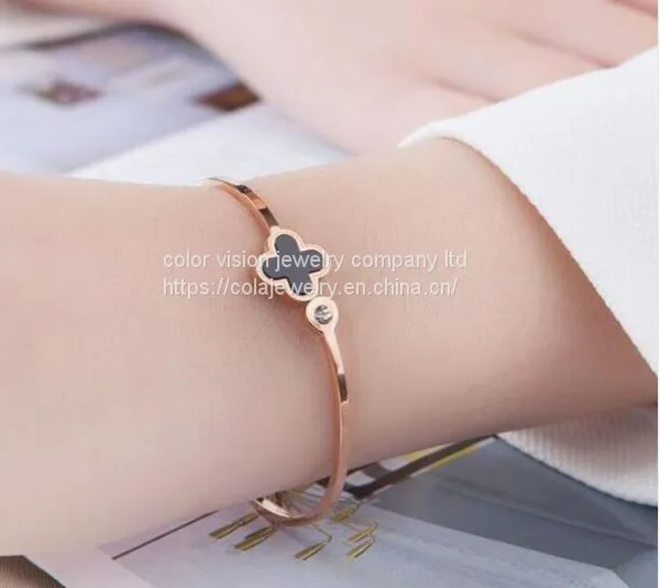 Clover Open Customized Engraved Cuff Bracelet Stainless Steel Bangle photo-2