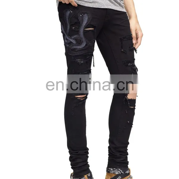 DiZNEW Guangzhou Factory Distressed Damage Embroidered Snakes Jeans Men photo-4