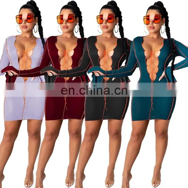 Women Bodycon Dress Long Sleeve Autumn New Arrival Long Sleeve Pit Stripe Solid Color Lace Up Women Dress photo-2