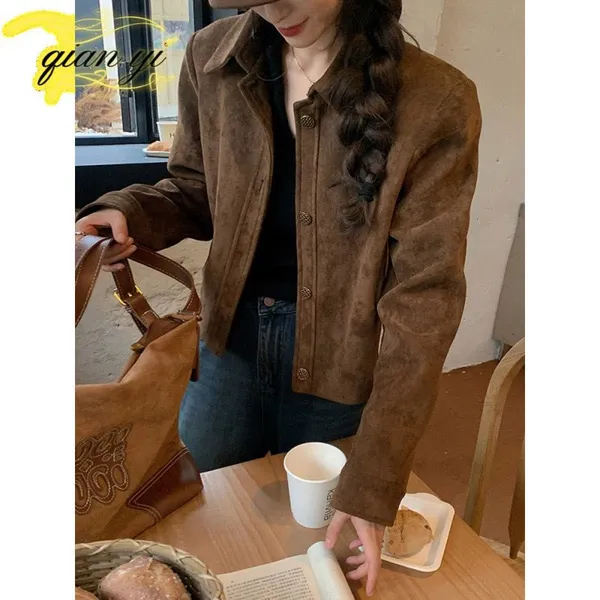Coffee Suede Coat Women's New Autumn Vintage Lapel Senior Sense Niche Short Jacket Top