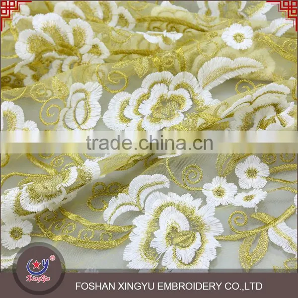 2016 New Fashion Beautiful Flower Computer Embroidery Design Embroidery Tulle Fabric With Qmilch and Gold Thread