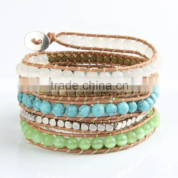 Top Quality 6mm Natural Turquoise Agate Beads Jewelry Leather 5 Wrap Bracelet Weaving Charms Bracelets For Women photo-2