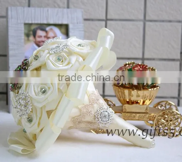 The Best Brooch Bouque Satin Rose Wedding Flower Crystal Bouquet Jewelry photo-2