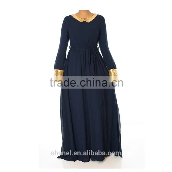 Muslim Gold Sequins Chiffon Abaya Dress Loose Long Sleeve Dubai Islamic Kaftan photo-4