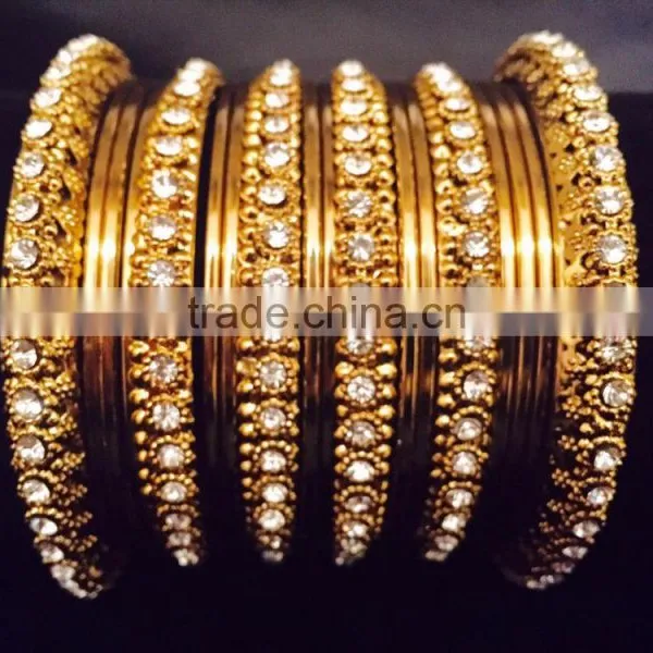 Antique Finish Kada Bangle Sets With Hangings, Bridal Indian Churi Bracelet, Gold Finish Bangle Sets photo-2