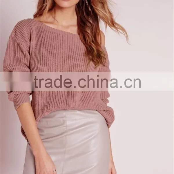 China OEM Winter Autumn Pullover Wide Neck Sweater Women Cashmere Ladies Jumpers Off Shoulder Jumper Pink photo-2