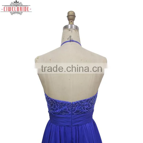 China Custom Blue A Line Beading Halter Evening Dress photo-4
