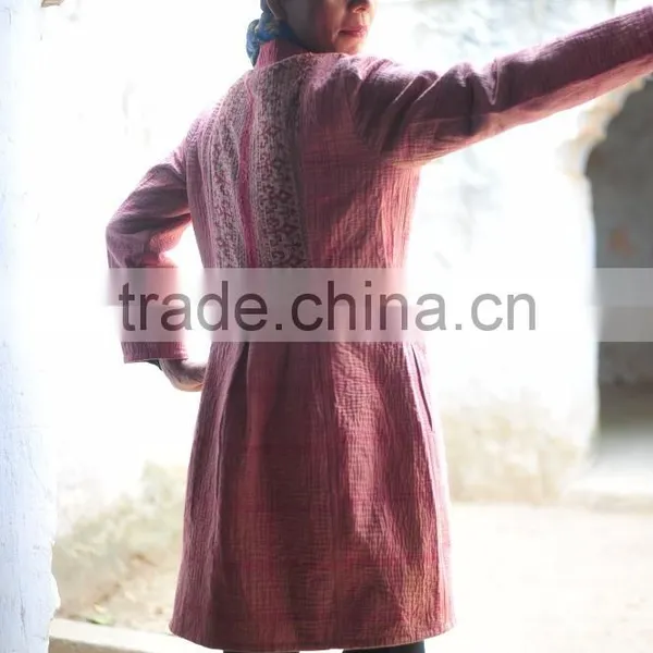 Vintage Kantha Long Accent Jacket in Beautiful Vintage Pink With a Saree Border Collar ~ Large photo-3