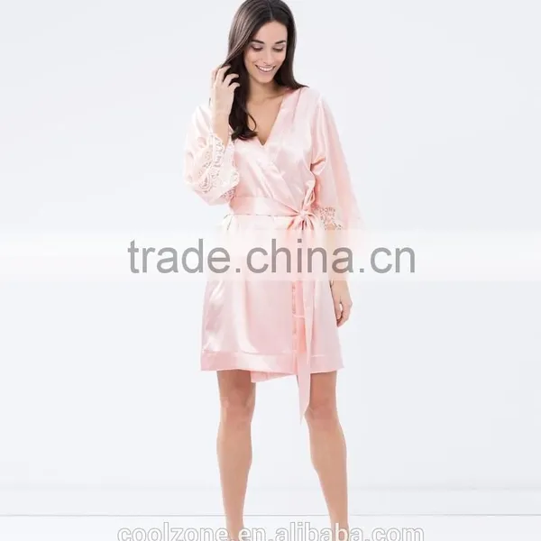 Elegant Tie-up Front Lace Trimmed Sleeves Kimono Robe Wholesale Satin Robe. photo-6