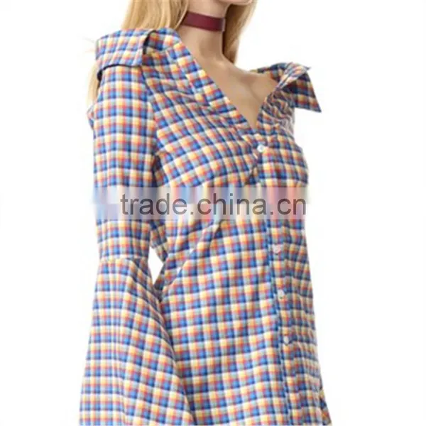 OEM Fashion Strapeless Neckline Horn Cuff Plaid Women Blouse photo-3