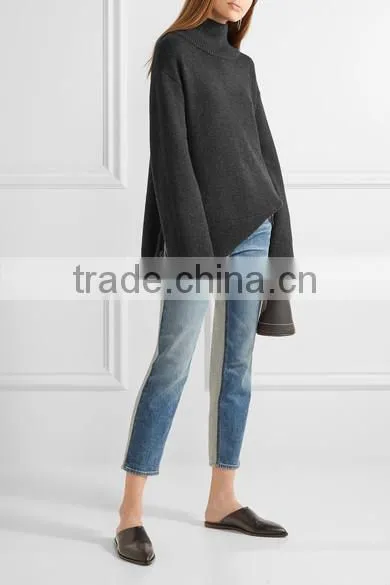 High Quality Slips On Charlcoal Wool and Cashmere-Blend Turtleneck Sweater With Scoop Hem photo-4