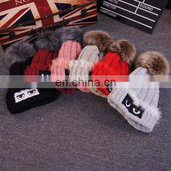 Crochet Stripped Hats Cute Eyes Raccoon/fox Fur Pom Pom Hats photo-5