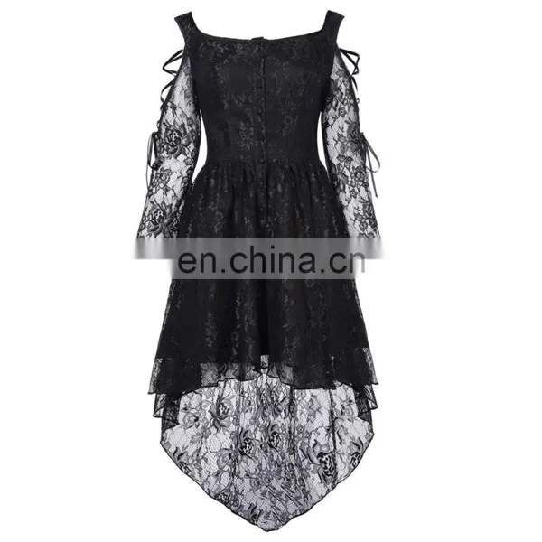 Belle Poque Retro Vintage Gothic Victorian Long Sleeve High-Low Black Lace Dress BP000350-1 photo-3