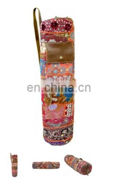 Banjara Style Yoga Bag Yoga Met Bag Ethnic Hand Embroidered Vintage INDIAN Kantha YOGA Mat Bag LEATHER Cross Body Yoga Bag Purse photo-4