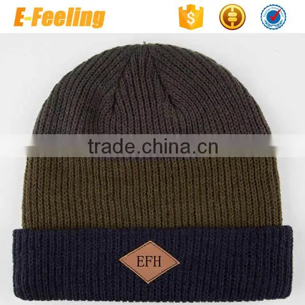 Knitted Beanie Hat/Leather Patch Beanie Hat photo-4