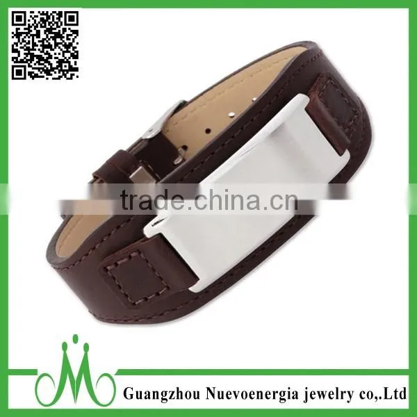 High Fashion Black Stainless Steel Wristband PU Genuine Leather Wide Mens Jewelry photo-2