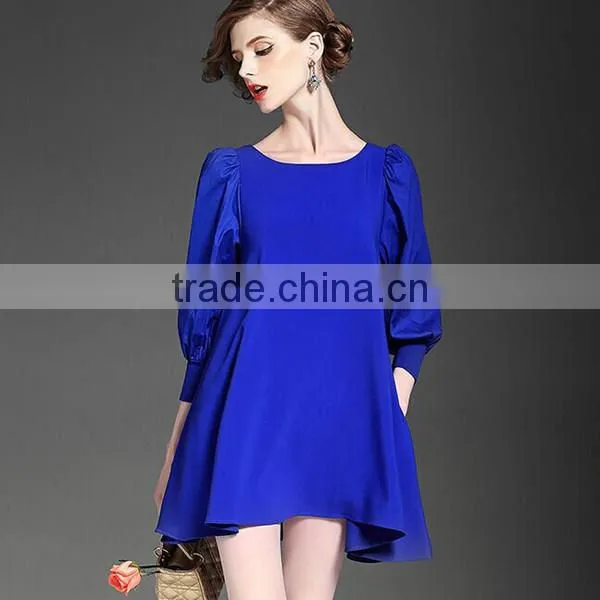 Women Elegant Bracelet Sleeve Round Neck Satin Blue Color High Waist Short Dress