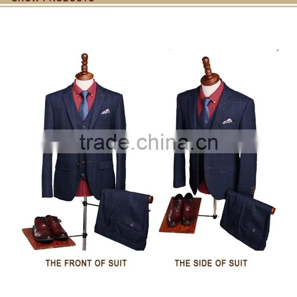 2015 New Design Check Fabric Blue Wedding Suit for Men