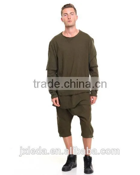 Pieced Layered Construction Raw Mens Athleisure Crew Neck Collar Longline Tees photo-2