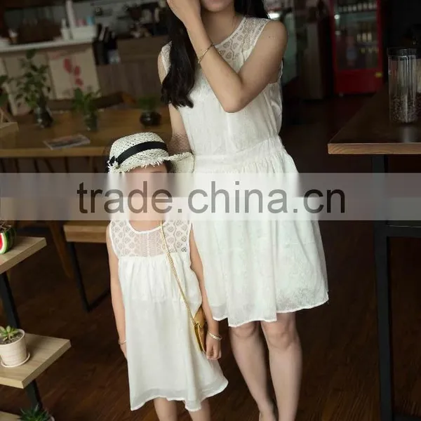 COOL KID ZONE Summer White Sleeveless Chiffon Princess Dress Matching Mother and Daughter Dress