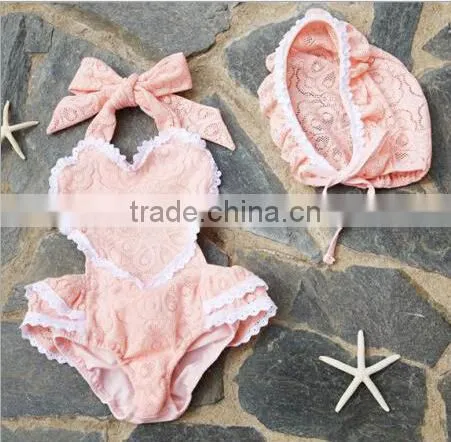 S66067A Baby Girls Love Heart Swimwear Lace One Piece Swimsuits photo-2
