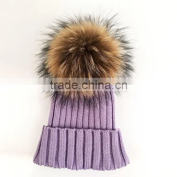 Myfur High Quality Real Raccoon Fur Bobble Wool Blend Knitted Hat Wholesale photo-2