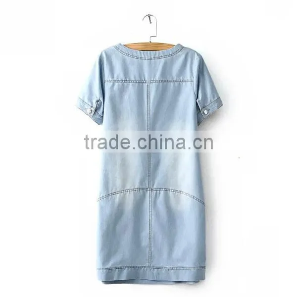 EY0561A Europe and America Women Round Collar Short Sleeve Embroidery Cowboy Dress photo-2