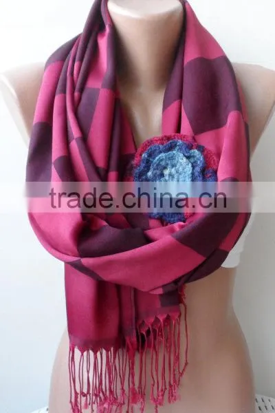 Burgundy Shawls With Rose, Plaid Pattern Scarf, Crochet Rose, Fashion Scarf, Plaid Pattern Scarf, Elegant, Bridesmaid Shawls, We photo-5