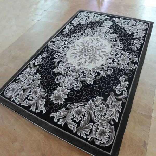 Black And White Rug Floral Motif Hand Tufted Carpet Rug Living Room