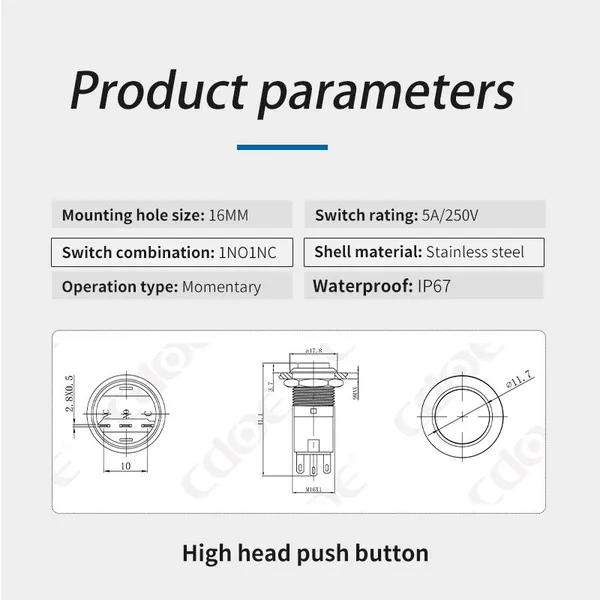 Ip67 16mm High Head 250v Spdt Push Button on off Switch Momentary photo-3