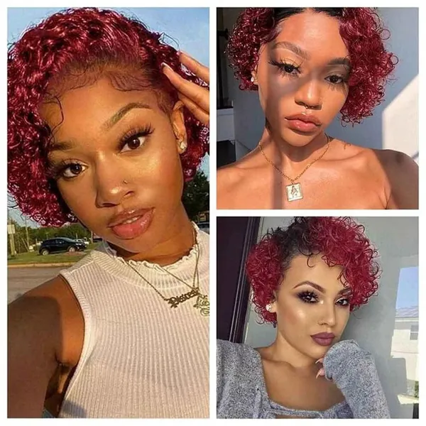 Pixie Cut Wig Short Bob Curly Human Hair Wigs Cheap 13X1 Transparent Lace 99J Burgundy Water Deep Wave Lace Front Wig For Women photo-3
