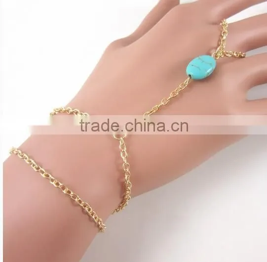 Turquoise Stone Gold Chain Finger-Bracelet Slave-Bracelet Hand Jewelry photo-2