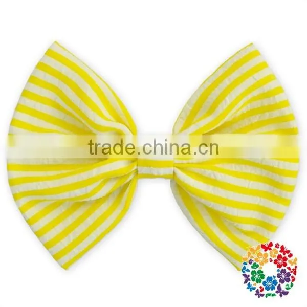 Fashion Hot Sale Blue White Stripe Seersucker Hair Bows 5" Boutique Hair Bows photo-4