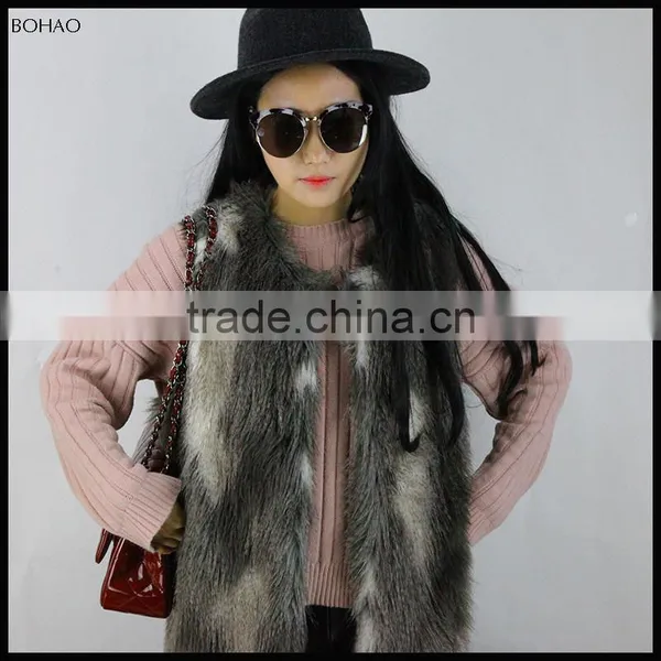 Women's Splicing Color New Autumn Winter Faux Fox Fur Vest Long Style V-collar Vest