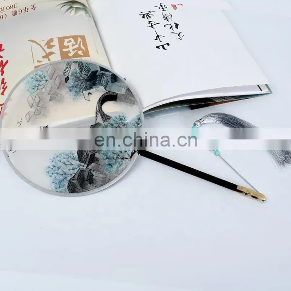 Chinese Style Multi-pattern Silk Embroidery Dual-faced Handmade Fan With Wooden Handle and Tassel Pendant(19*37cm) photo-2