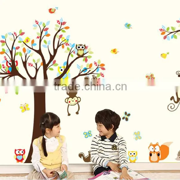 Jungle Zoo Animal Girafee, Elephant, Lion, Zebra and Monkey Having Party on Tree Monkey Wall Decal Owl Zoo Wall Decal photo-2
