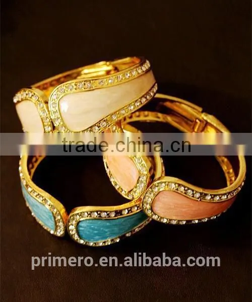 Exaggerate Cuff Bangles Gold Plated Metal Glaze Rhinestones Statement Bracelets photo-6