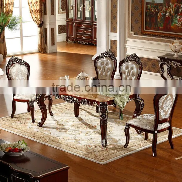 Luxury Classical Royal Baroque French Style Traditional Carved Wooden Antique Gold Silver Stroke Dark Brown Dining Room Set Quality Choice