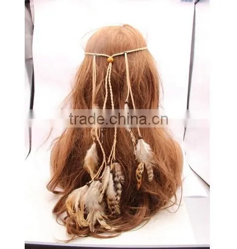 Boho Hippie Feather Leaf Hairband Tassels Weave Headband Elastic Headdress photo-3