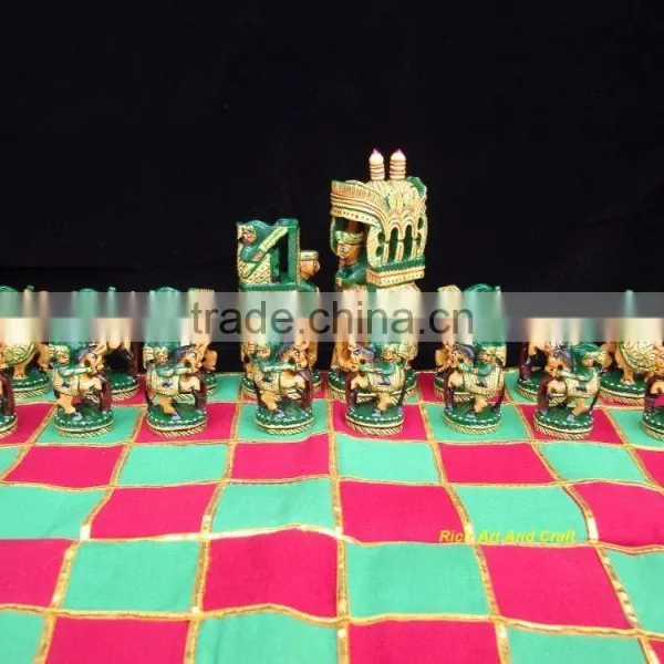 Hand Crafted Hand Painted Artisan India Art & Craft Fine Carvin Wooden Chess Set photo-4