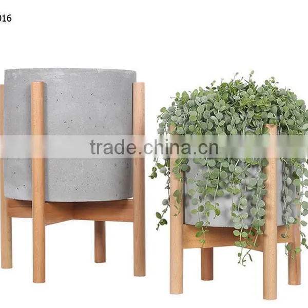 Walnut / Beech Wood Stand With Smooth Matte Pot Concrete Planter Pot