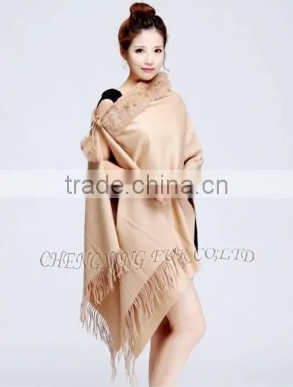 CX-B-P-34C Fur Trimmed Cape Fashion Cashmere Scarf photo-2