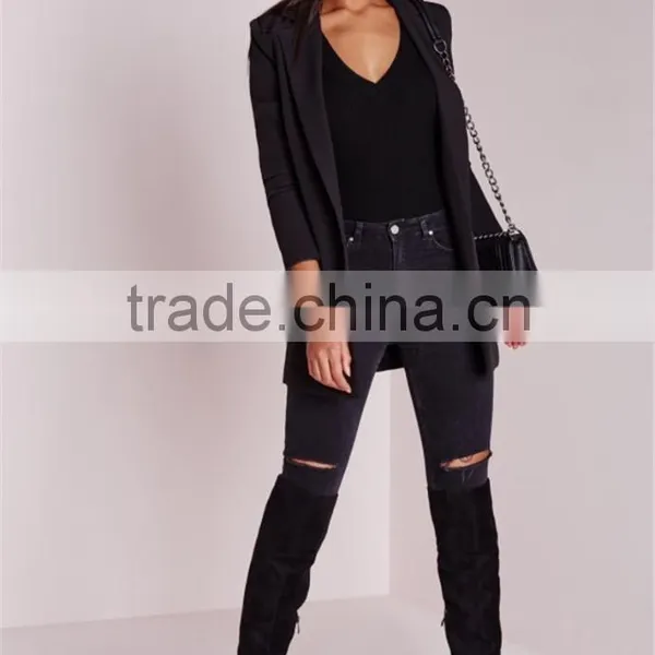 MGOO New Fashion Deep Plunge Bodysuit Black Custom Designs 95% Polyester 5% Spandex Plain Basic Fashion Item photo-4