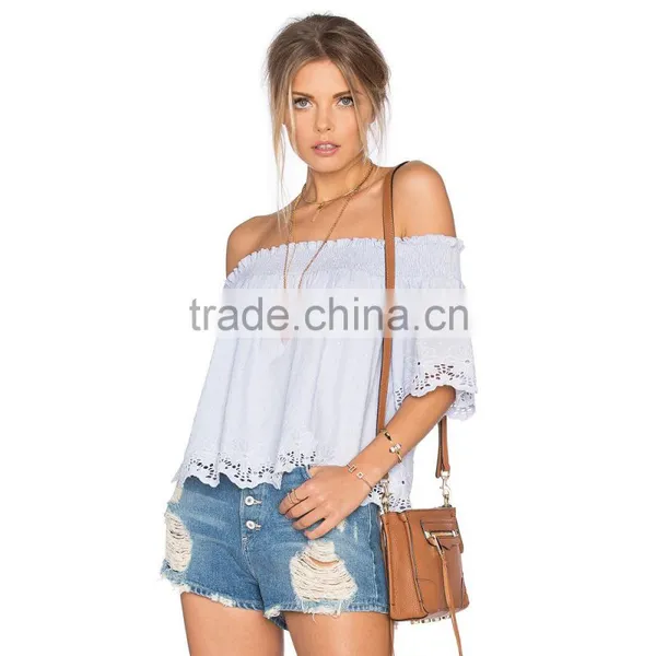 Ladies Pictures Down of Short Sleeve Casual Lace Blouse photo-2