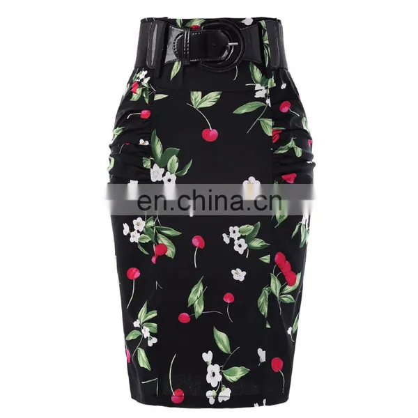 Kate Kasin Women's Shirred Detail Flower Pattern Cotton Pencil Skirt With Wide Belt KK000610-1