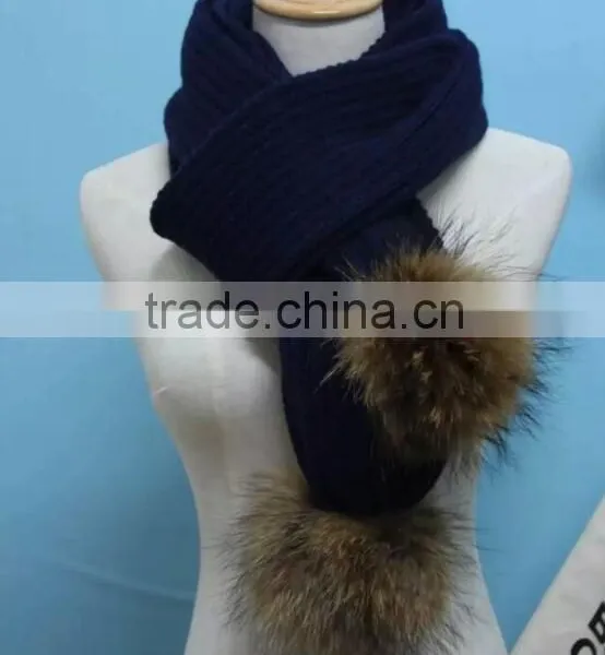 2016 Winter Newest Fashion 100% Real Raccon Fur Pompom Wool Knitted Women Crochet Scarf photo-5