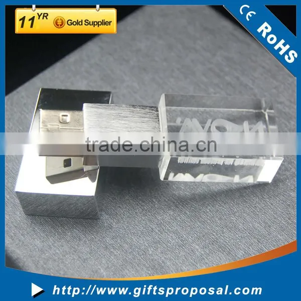 3D Customized Logo Crystal Glass Usb Flash Drive With Colorful Led Light photo-3
